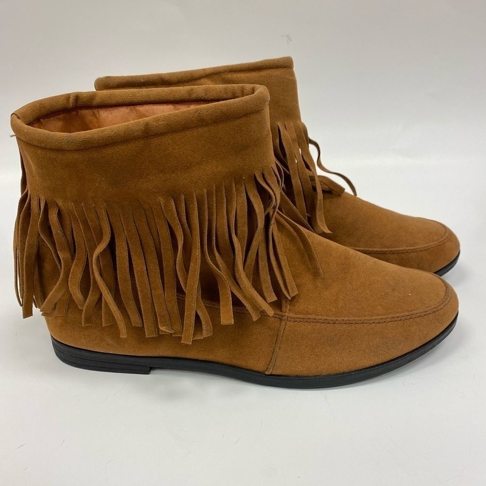 Blue Suede Shoes women’s soft brown fringe moccasin ankle boots sz 7